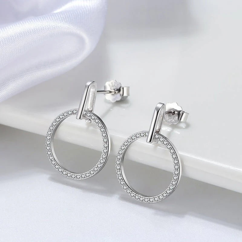 S925 Sterling Silver Diamond Stud Earrings – Elegant Hollow Circle Design for Women