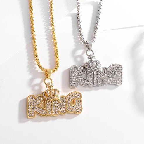 Gold Plated Crown KING Letter Necklace – Royal Style Pendant for Men | Hip Hop Jewelry UAE